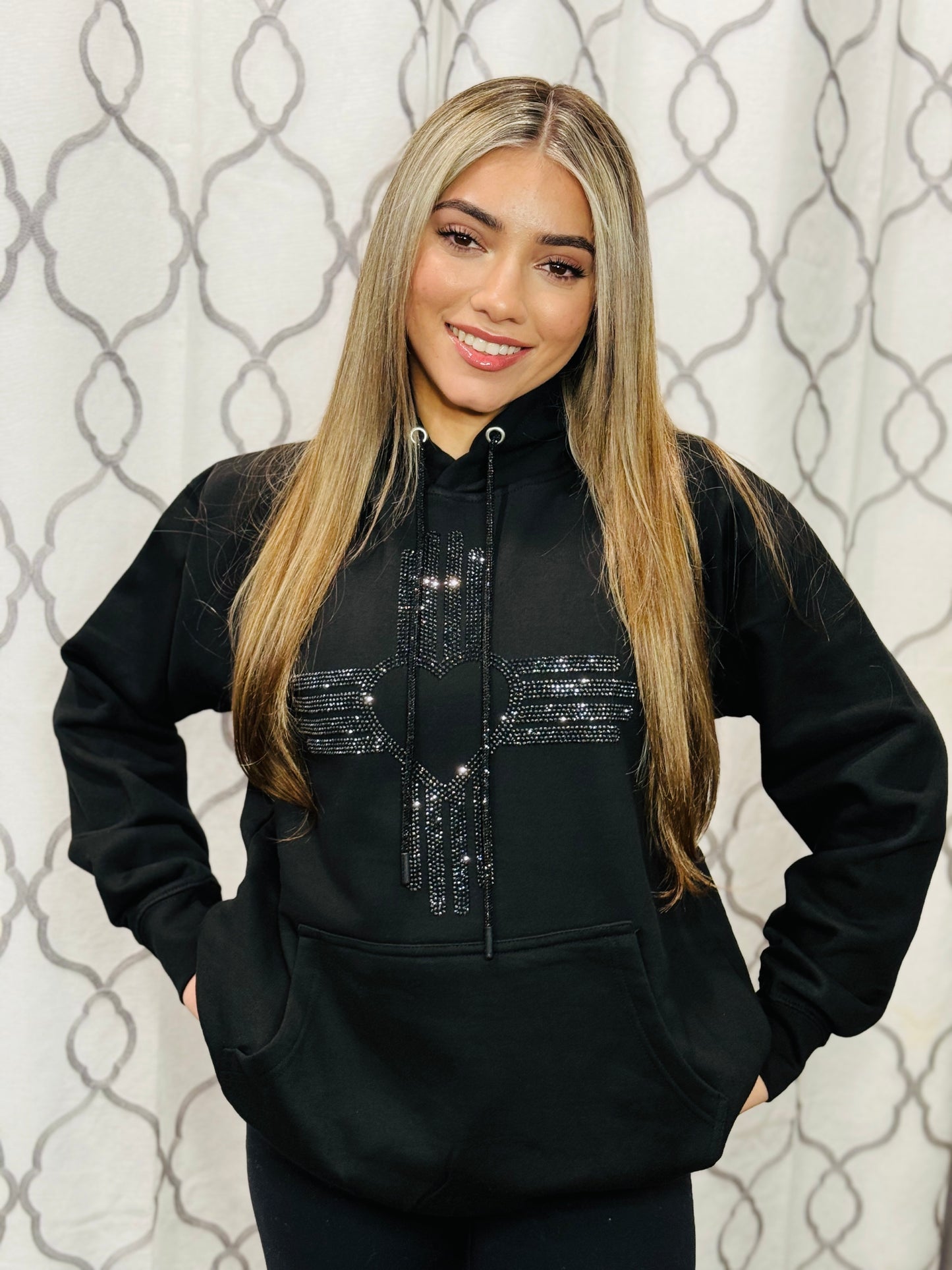 Black on Black Rhinestone Zia Heart Hoodie