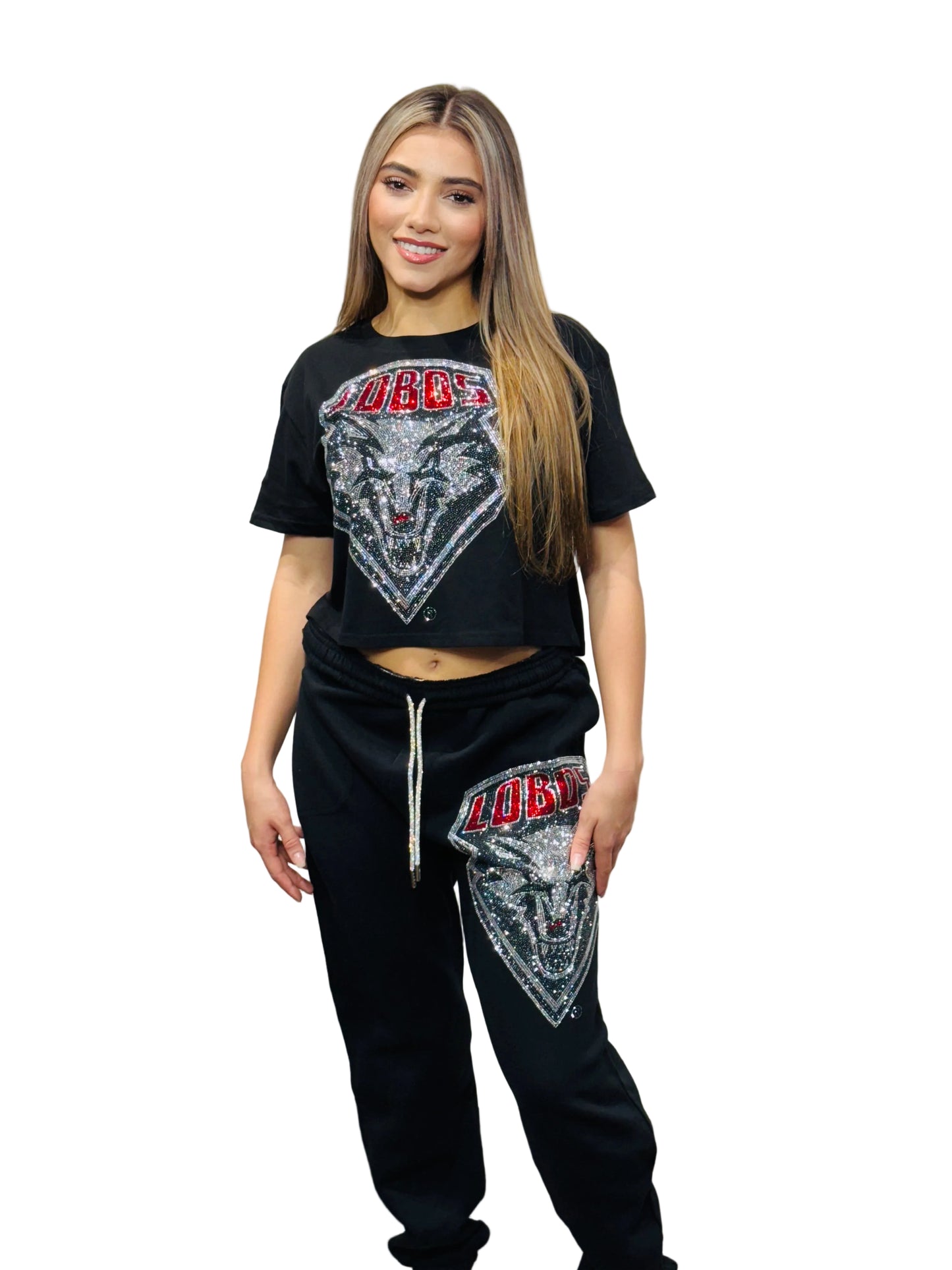 New Mexico UNM Lobos Rhinestone Crop T-Shirt