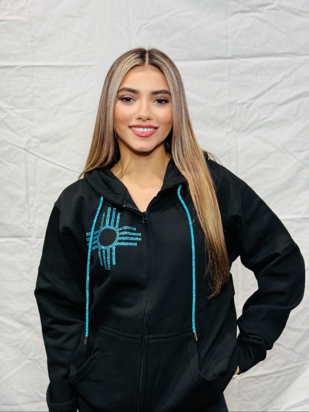 Turquoise Rhinestone Zia Zip Up Hoodie