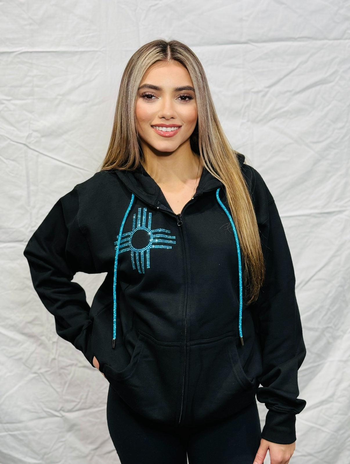 Turquoise Rhinestone Zia Zip Up Hoodie