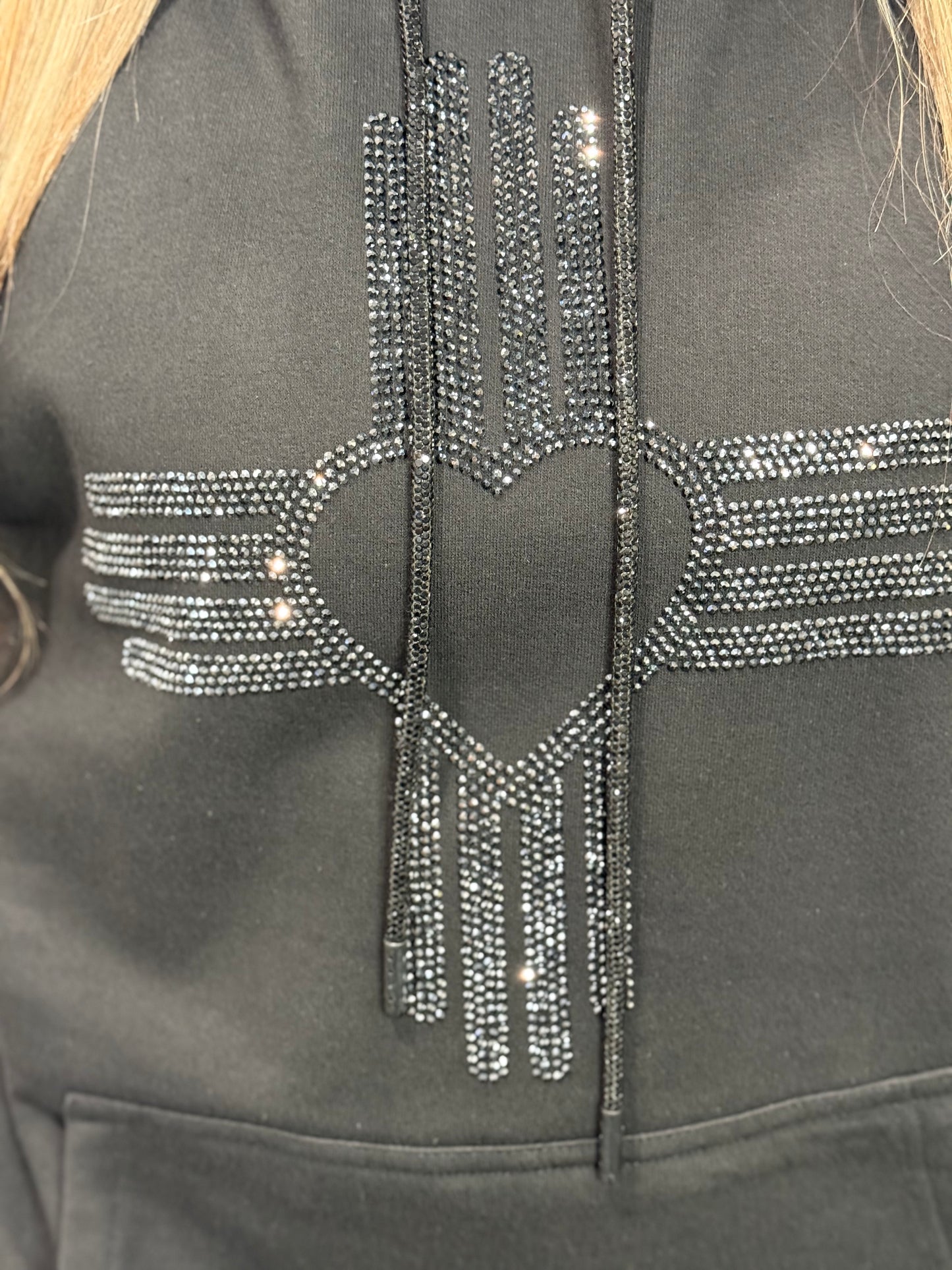 Black on Black Rhinestone Zia Heart Hoodie