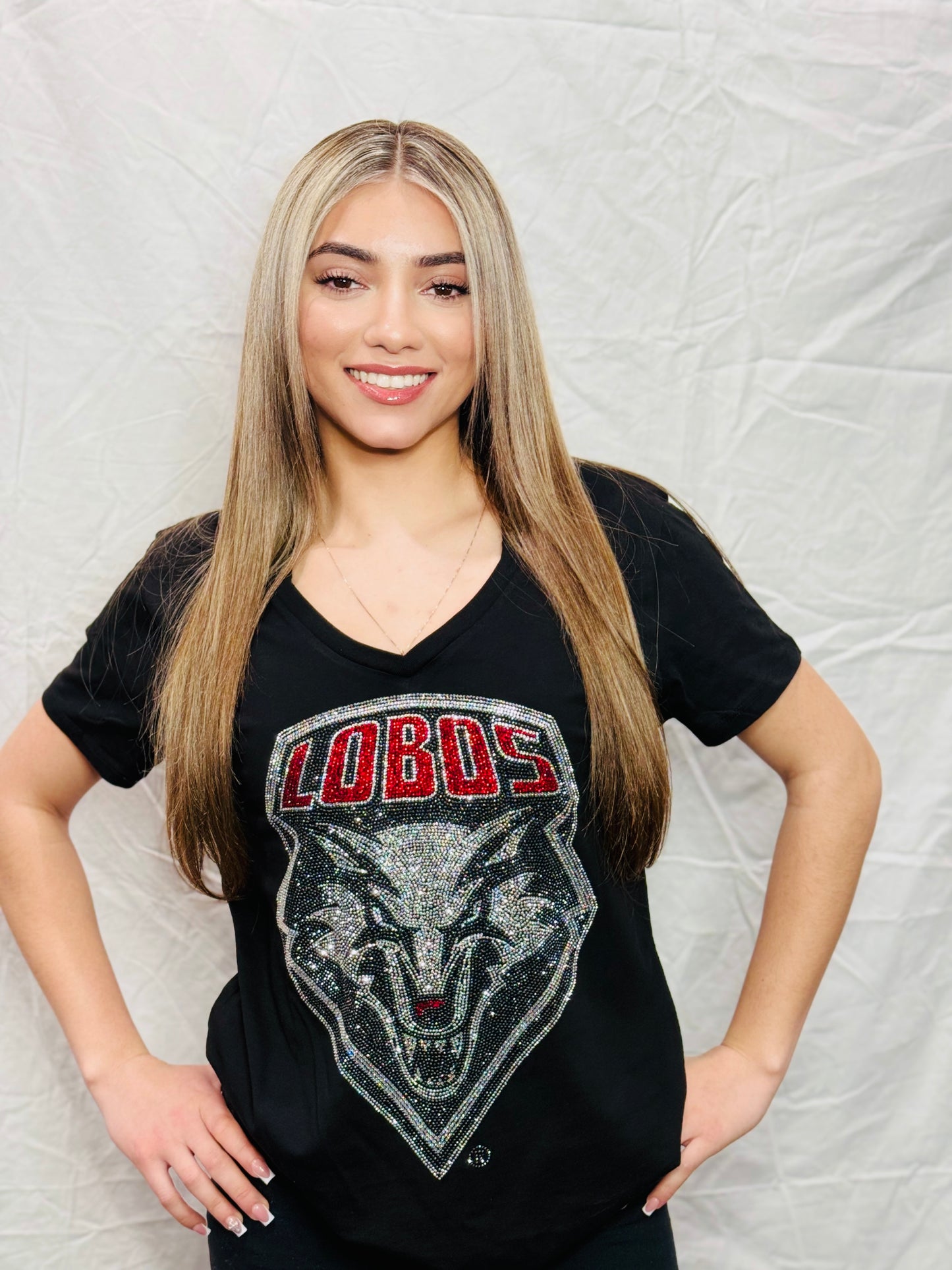 New Mexico Lobos Rhinestone T-Shirt Women’s V Neck