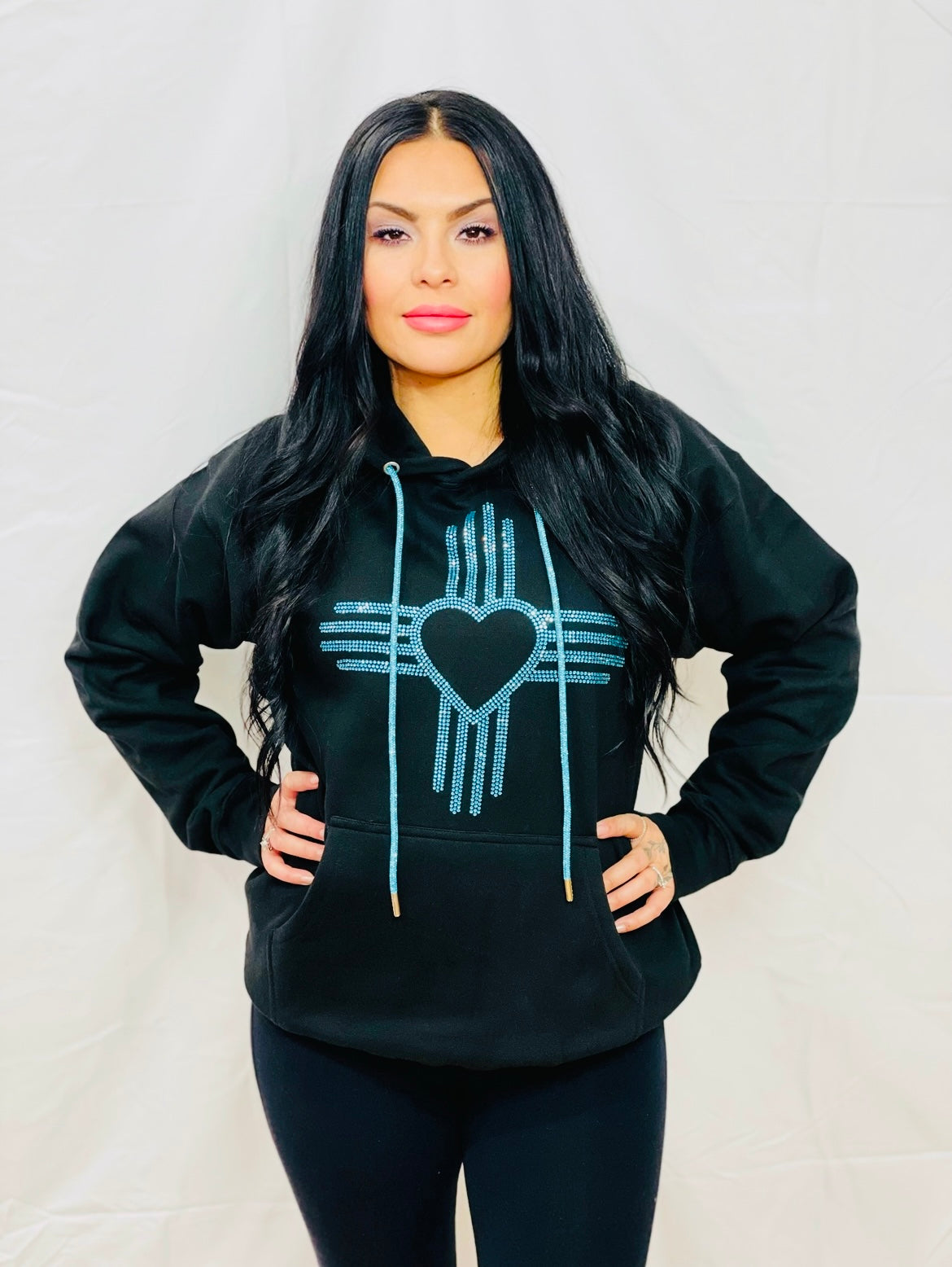 Turquoise Rhinestone Zia Heart Hoodie