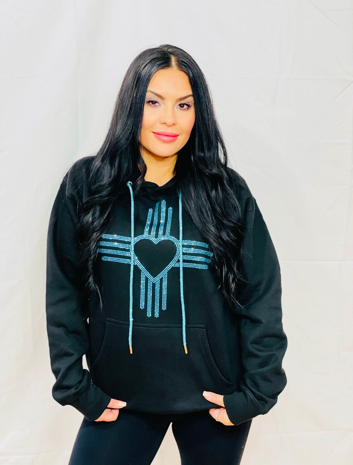 Turquoise Rhinestone Zia Heart Hoodie