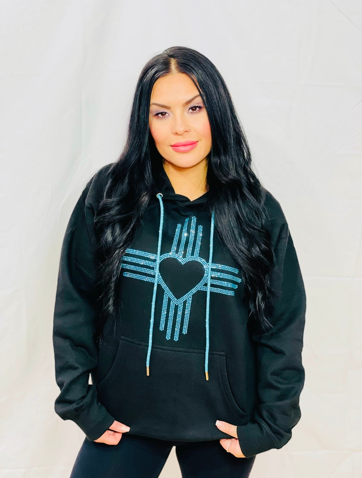 Turquoise Rhinestone Zia Heart Hoodie