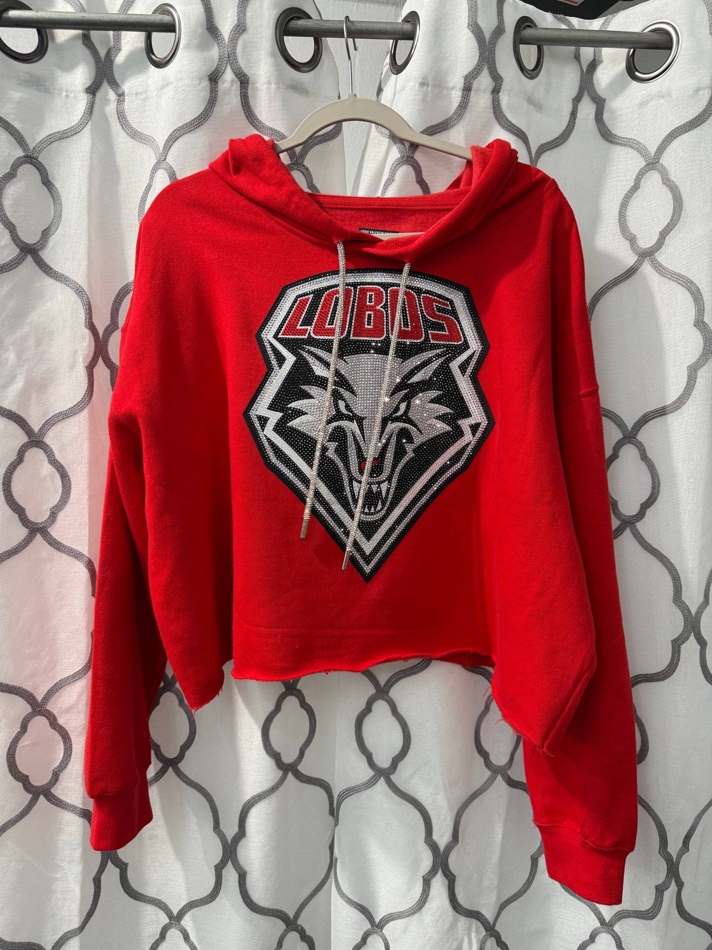 Red New Mexico Lobos Crop Rhinestone Hoodie