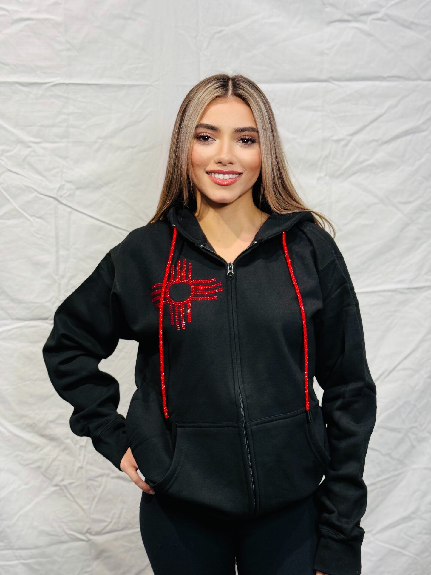 Red Rhinestone Zia Zip Up Hoodie