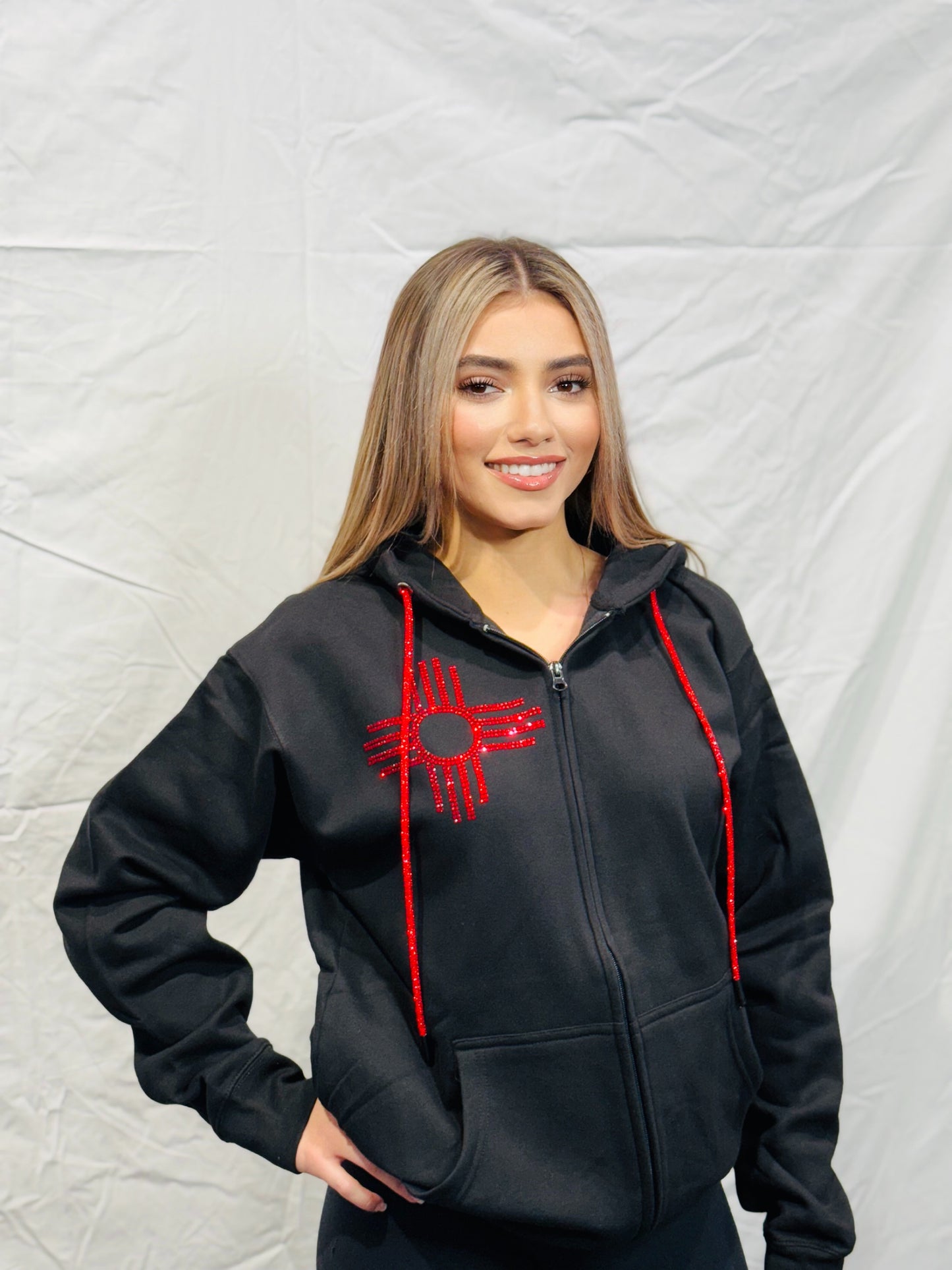 Red Rhinestone Zia Zip Up Hoodie