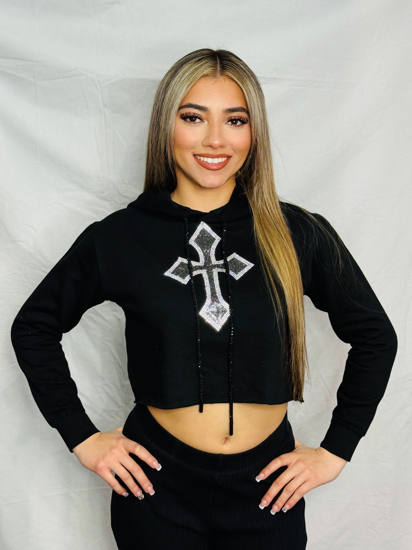 Cross Rhinestone Crop Hoodie
