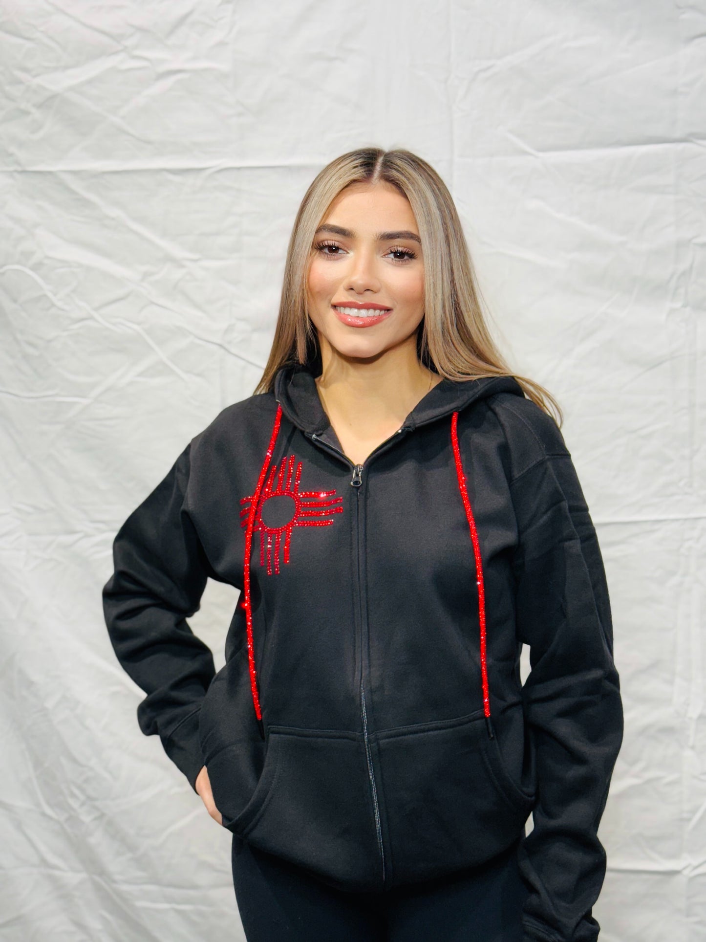 Red Rhinestone Zia Zip Up Hoodie