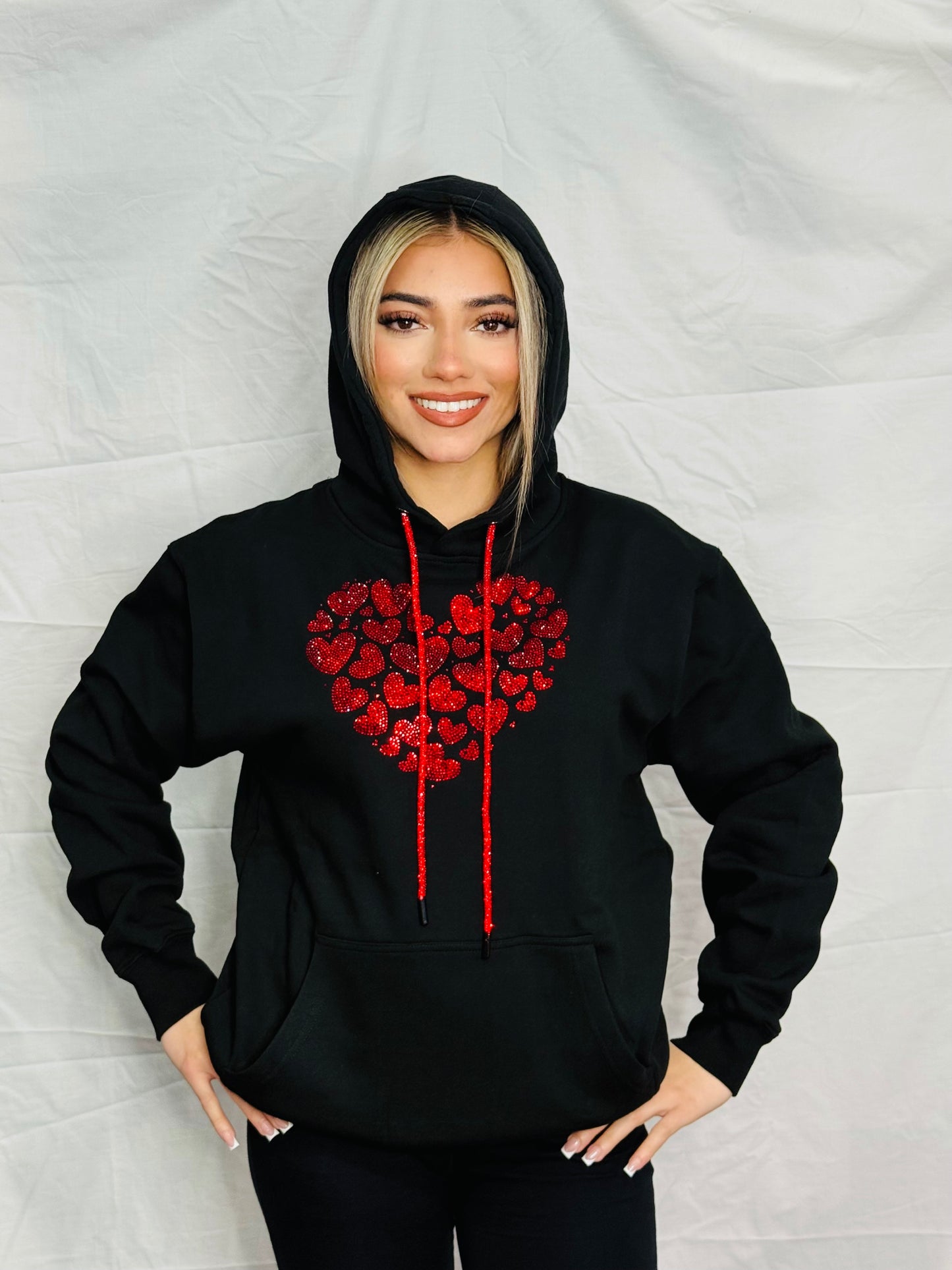 Red Mini Floating Hearts Rhinestone Hoodie