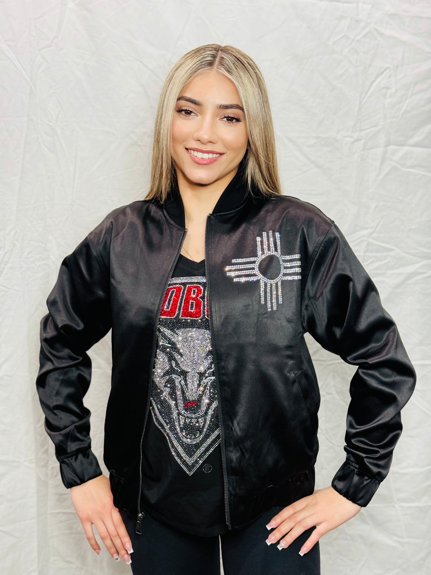 Zia Limited Edition New Mexico UNM Lobos Rhinestone Bomber Jacket