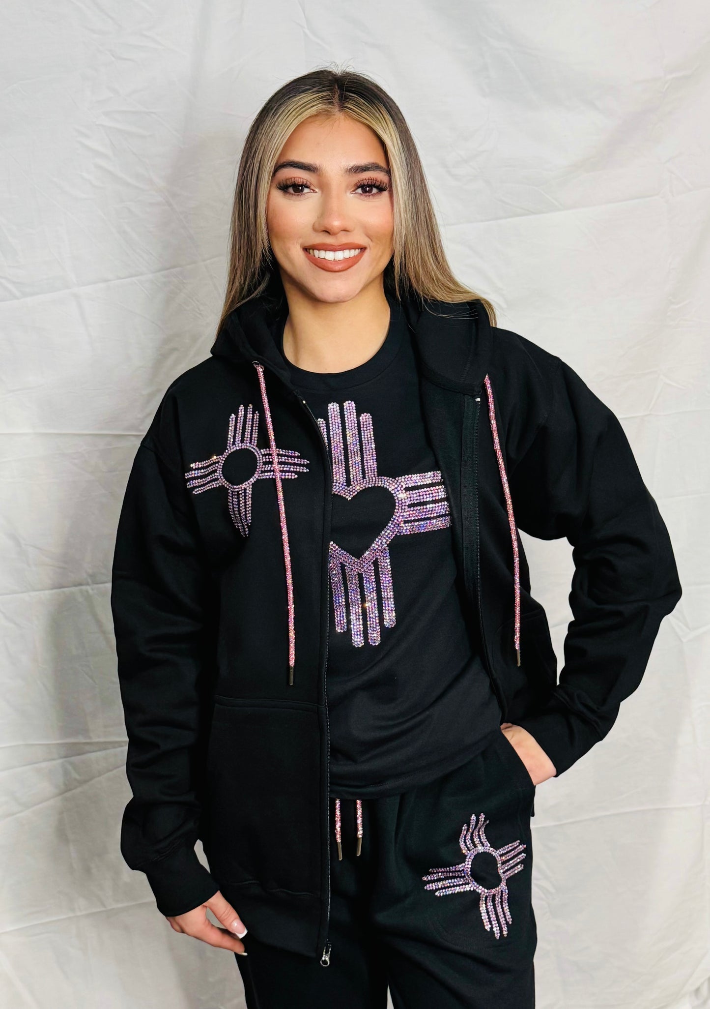 Pink Zia Rhinestone Zip Up Hoodie