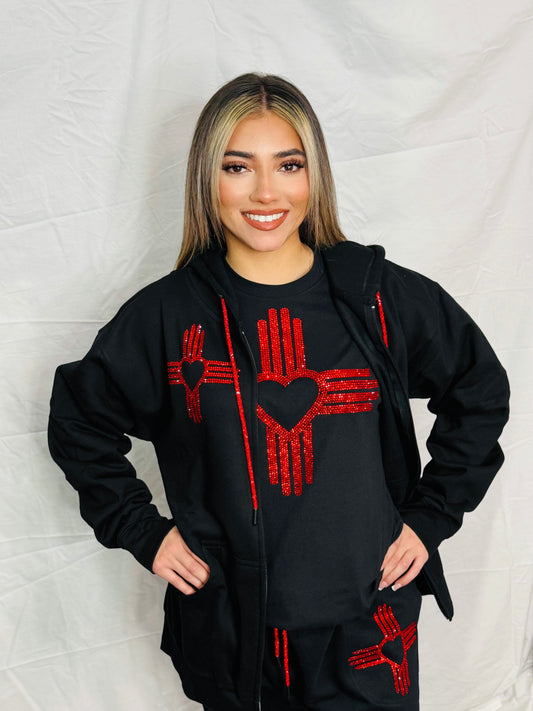 Red Zia Heart Rhinestone Zip Up Hoodie