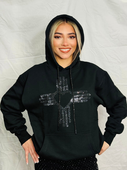Black on Black Zia Heart Rhinestone Hoodie