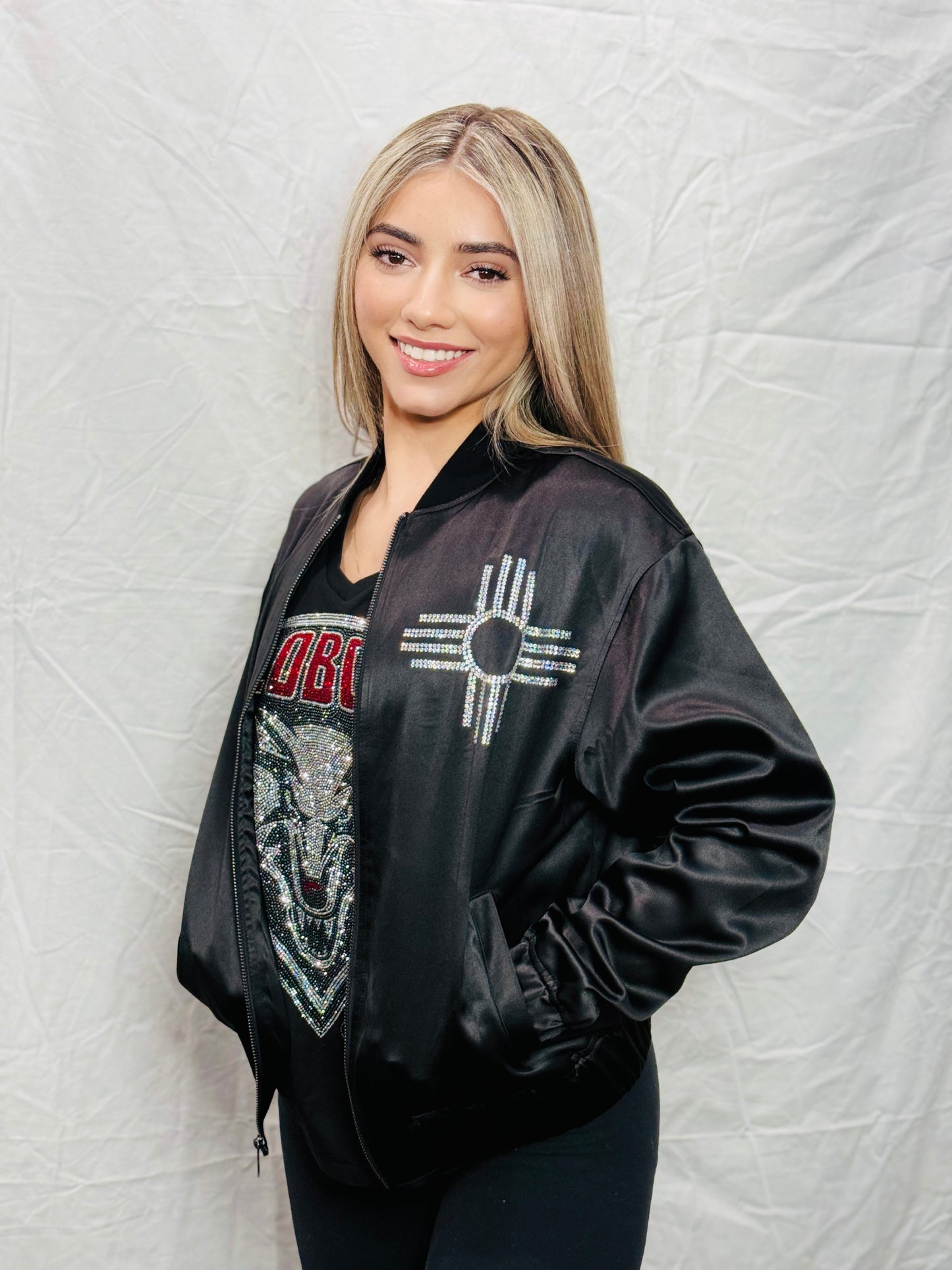 Zia Limited Edition New Mexico UNM Lobos Rhinestone Bomber Jacket
