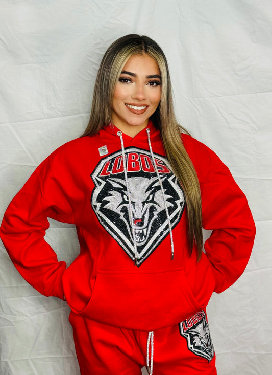 Red New Mexico UNM Lobos Rhinestone Hoodie
