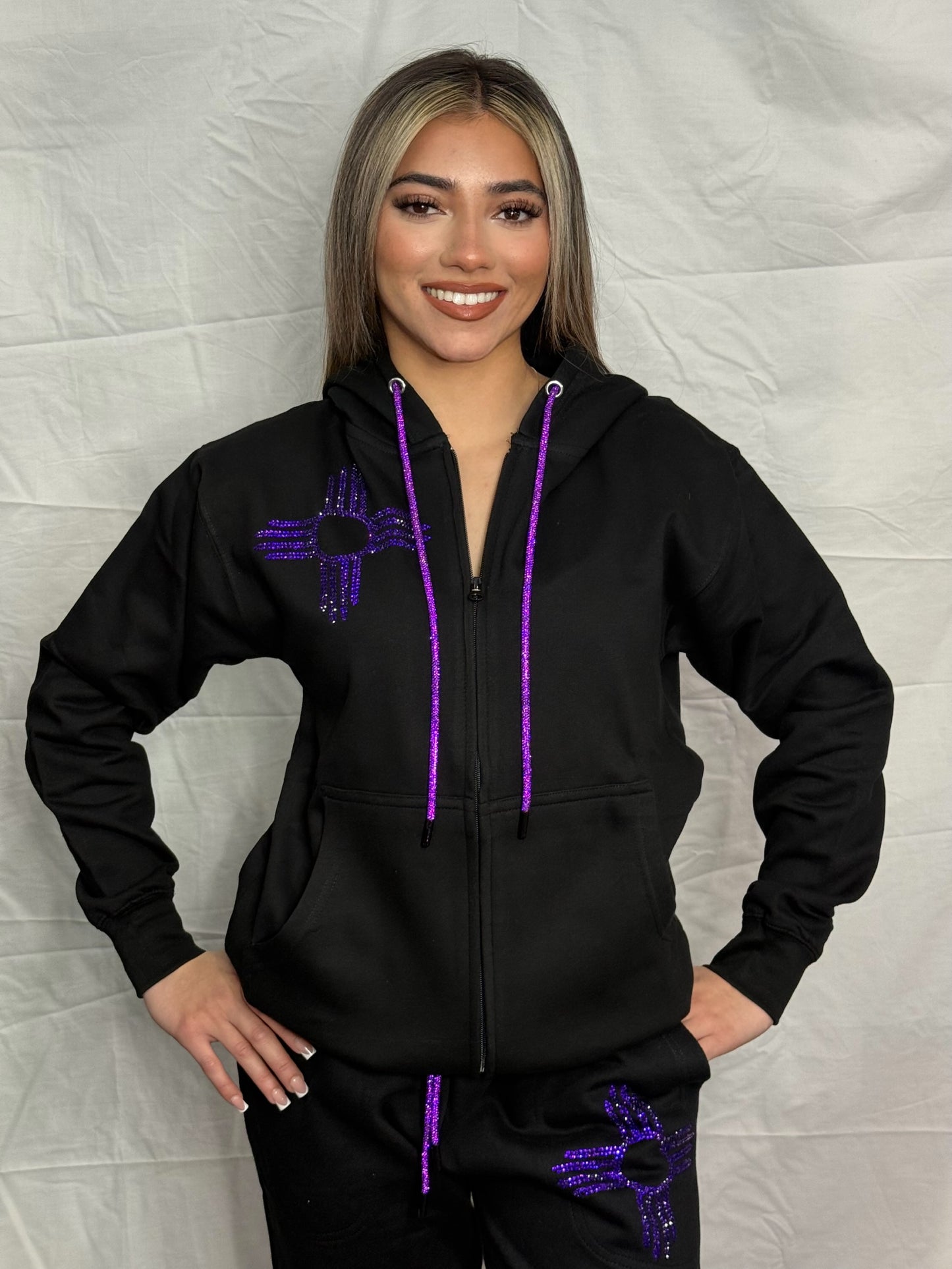 Purple Zia Rhinestone Zip Up Hoodie