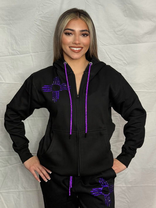 Purple Zia Rhinestone Zip Up Hoodie