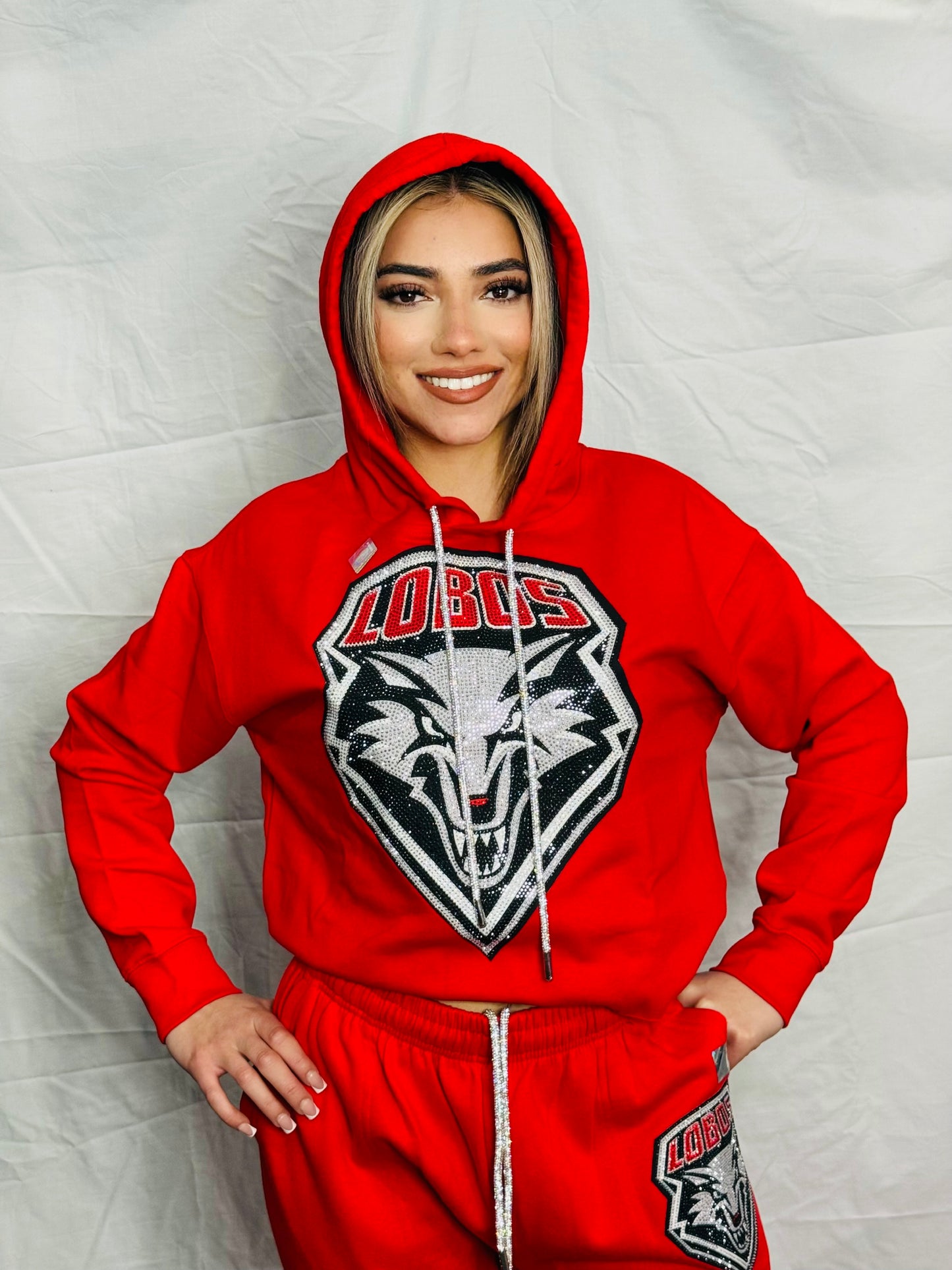 Red UNM Lobos Rhinestone Crop Top Hoodie