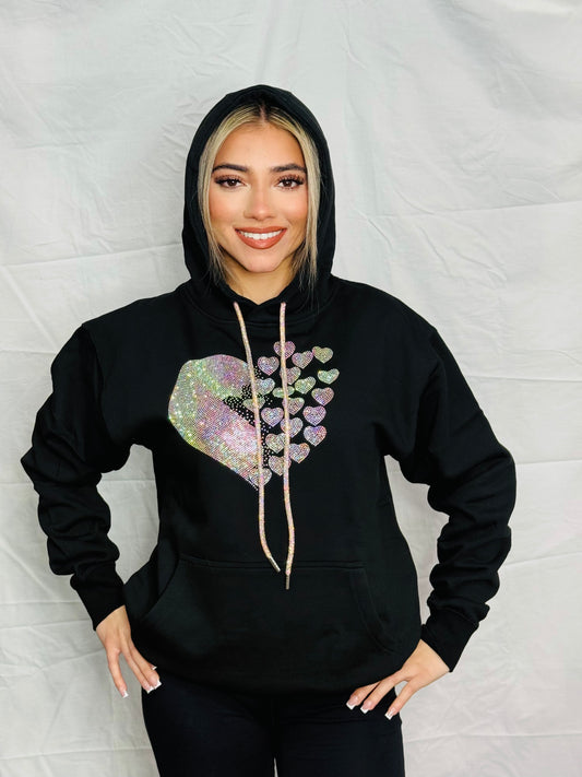 Iridescent Floating Heart Rhinestone Hoodie