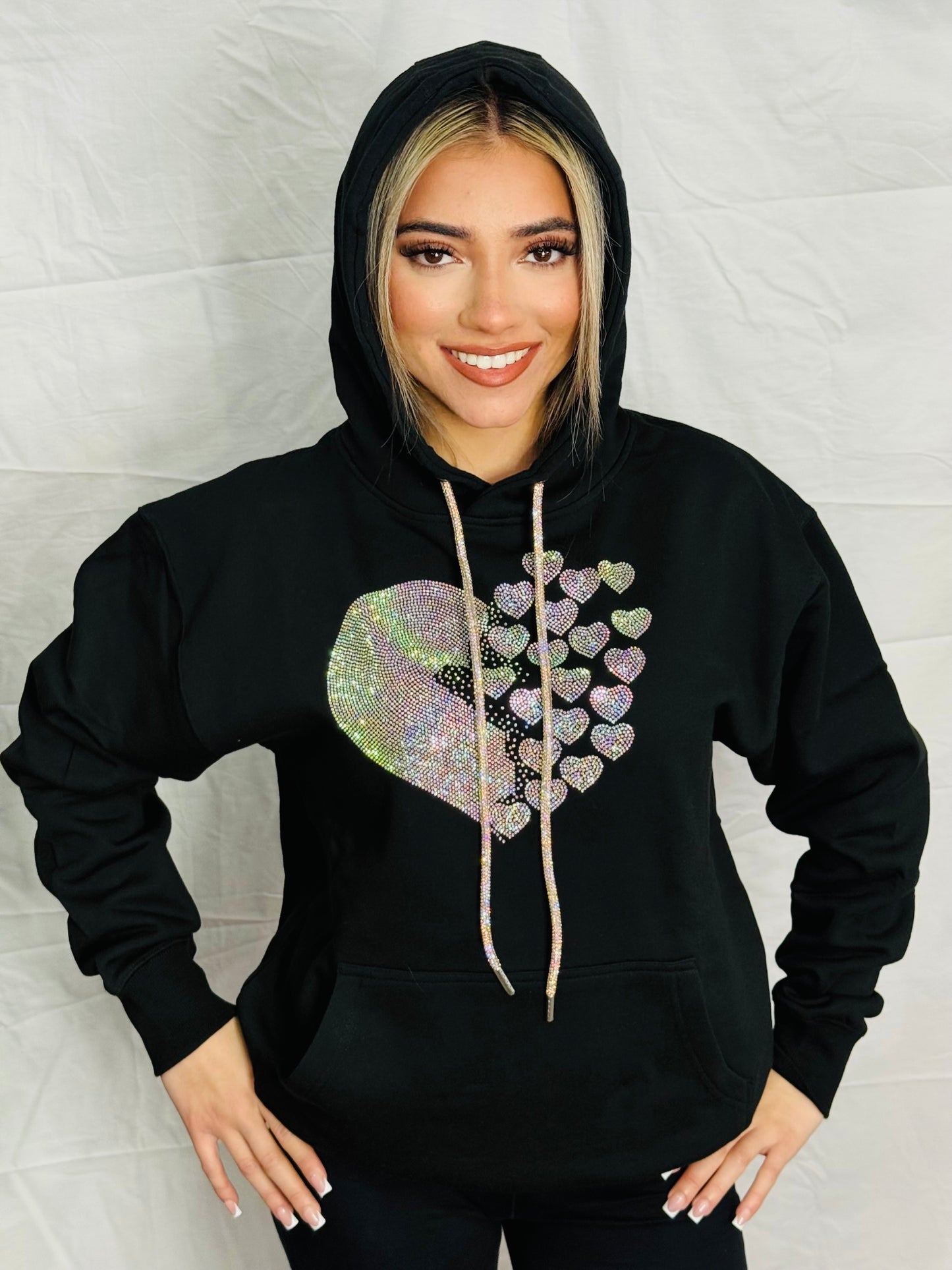 Iridescent Floating Heart Rhinestone Hoodie