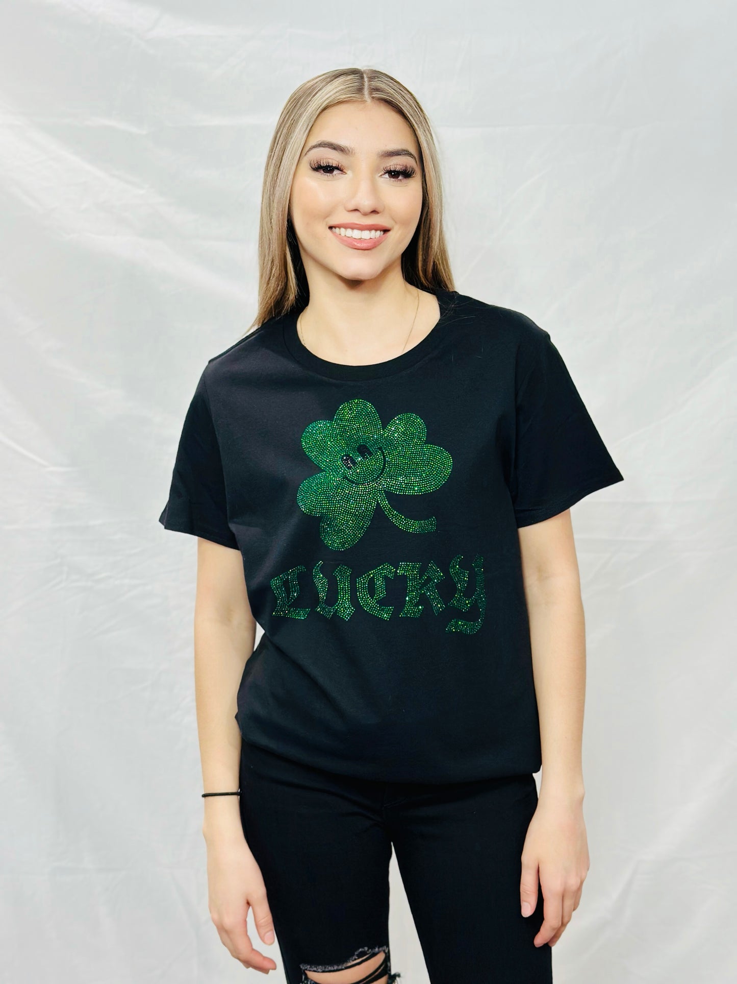 St. Patricks LUCKY Clover Rhinestone T-Shirt