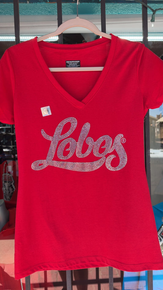 Red Rhinestone Lobo Script V-Neck shirt