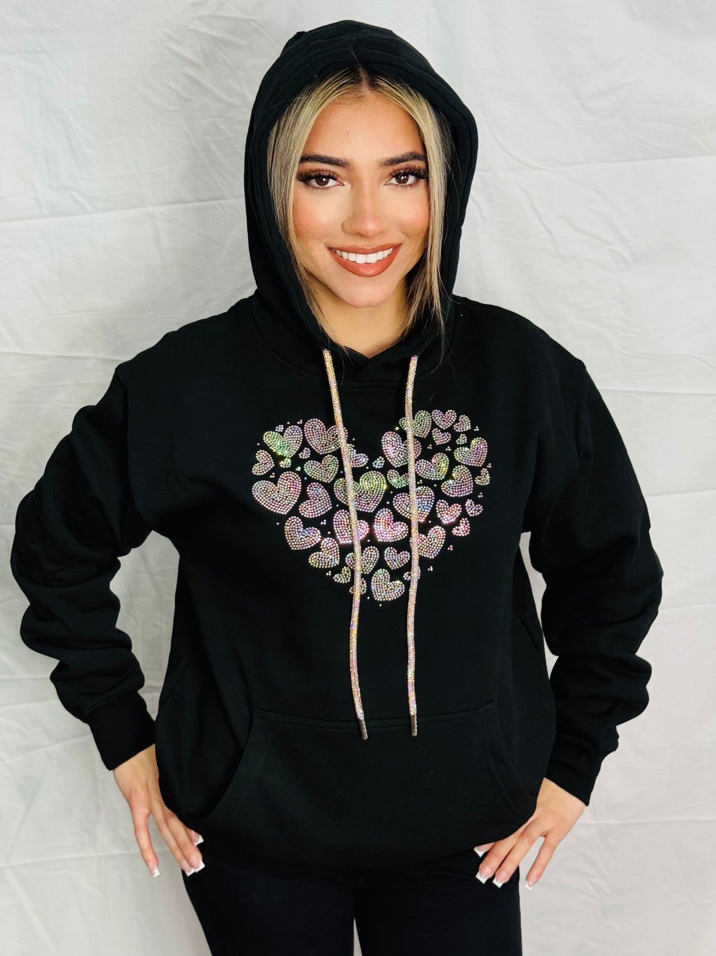 Iridescent Mini Floating Hearts Rhinestone Hoodie