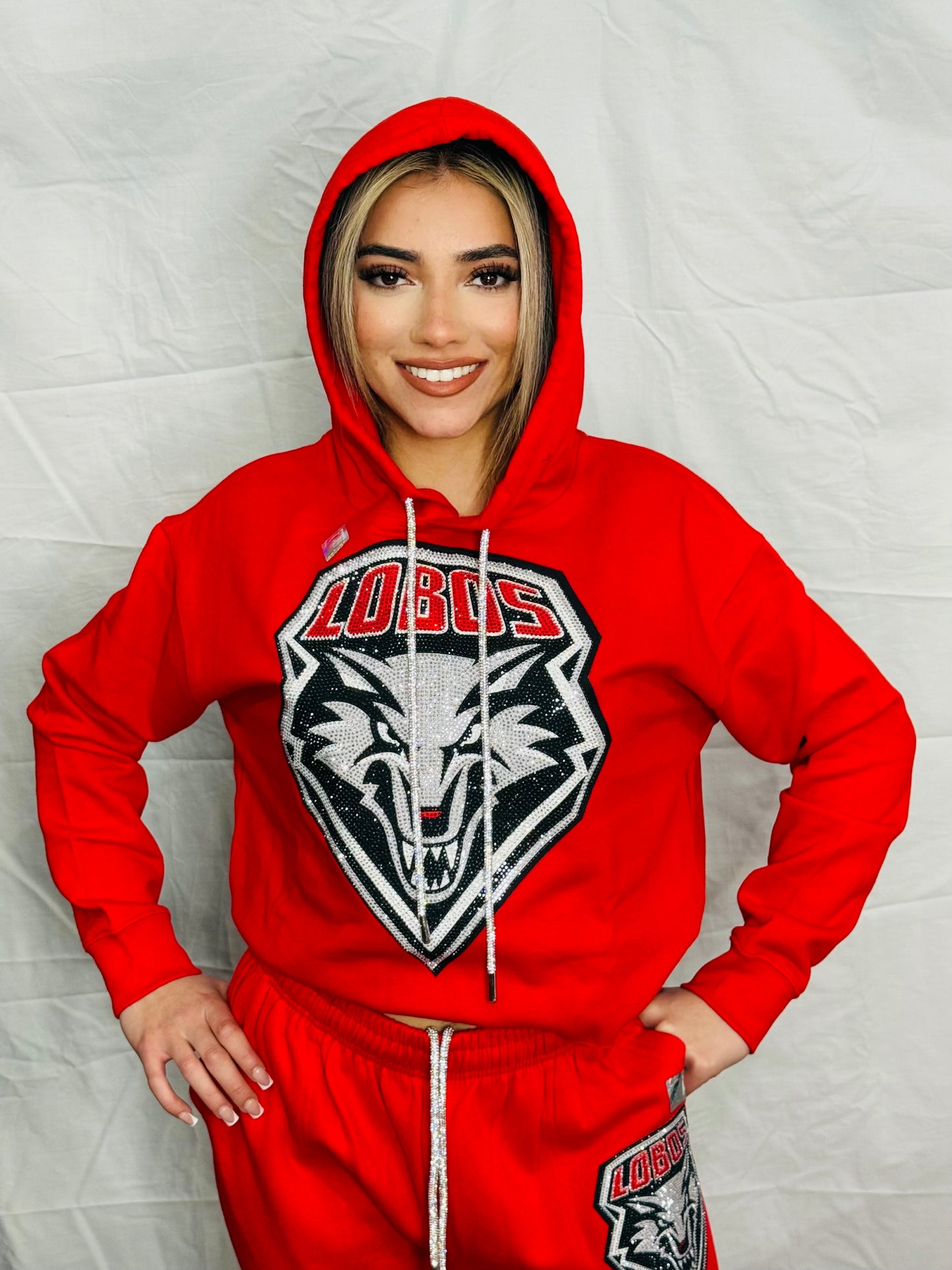 Red UNM Lobos Rhinestone Crop Top Hoodie