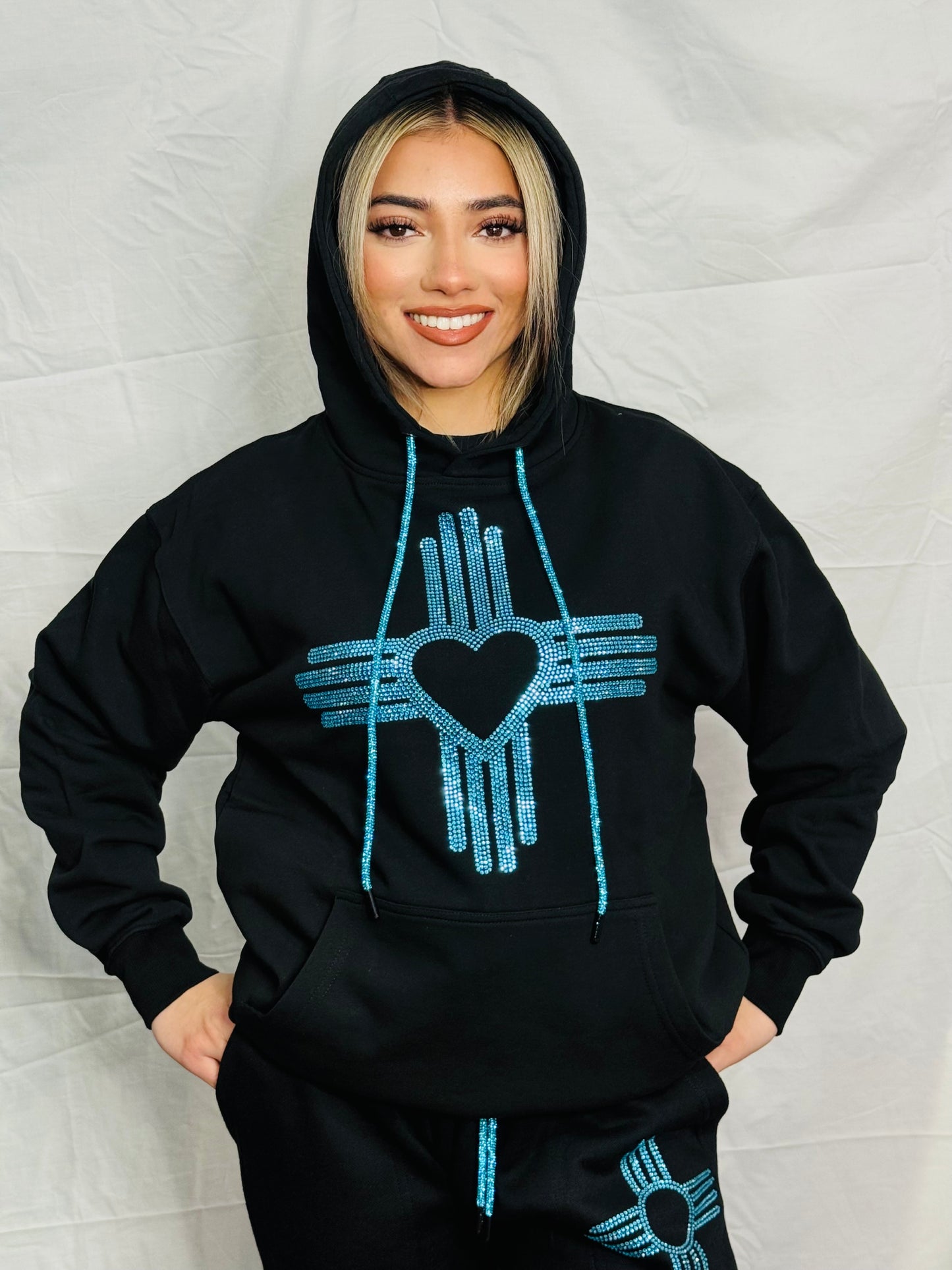 Turquoise Zia Heart Rhinestone Hoodie