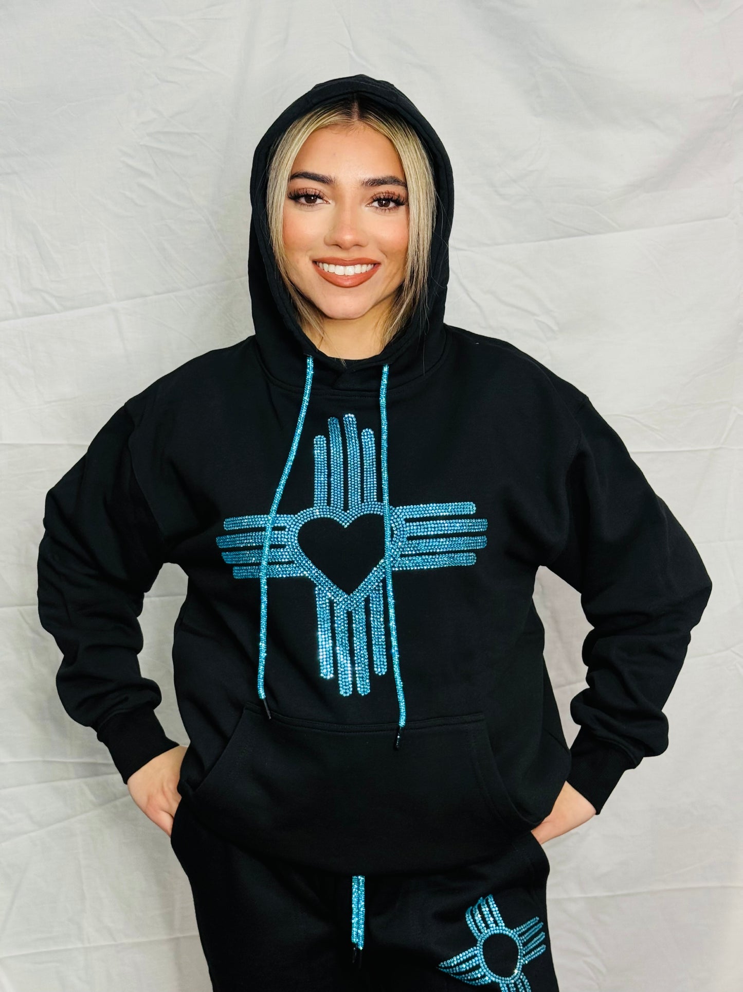 Turquoise Zia Heart Rhinestone Hoodie