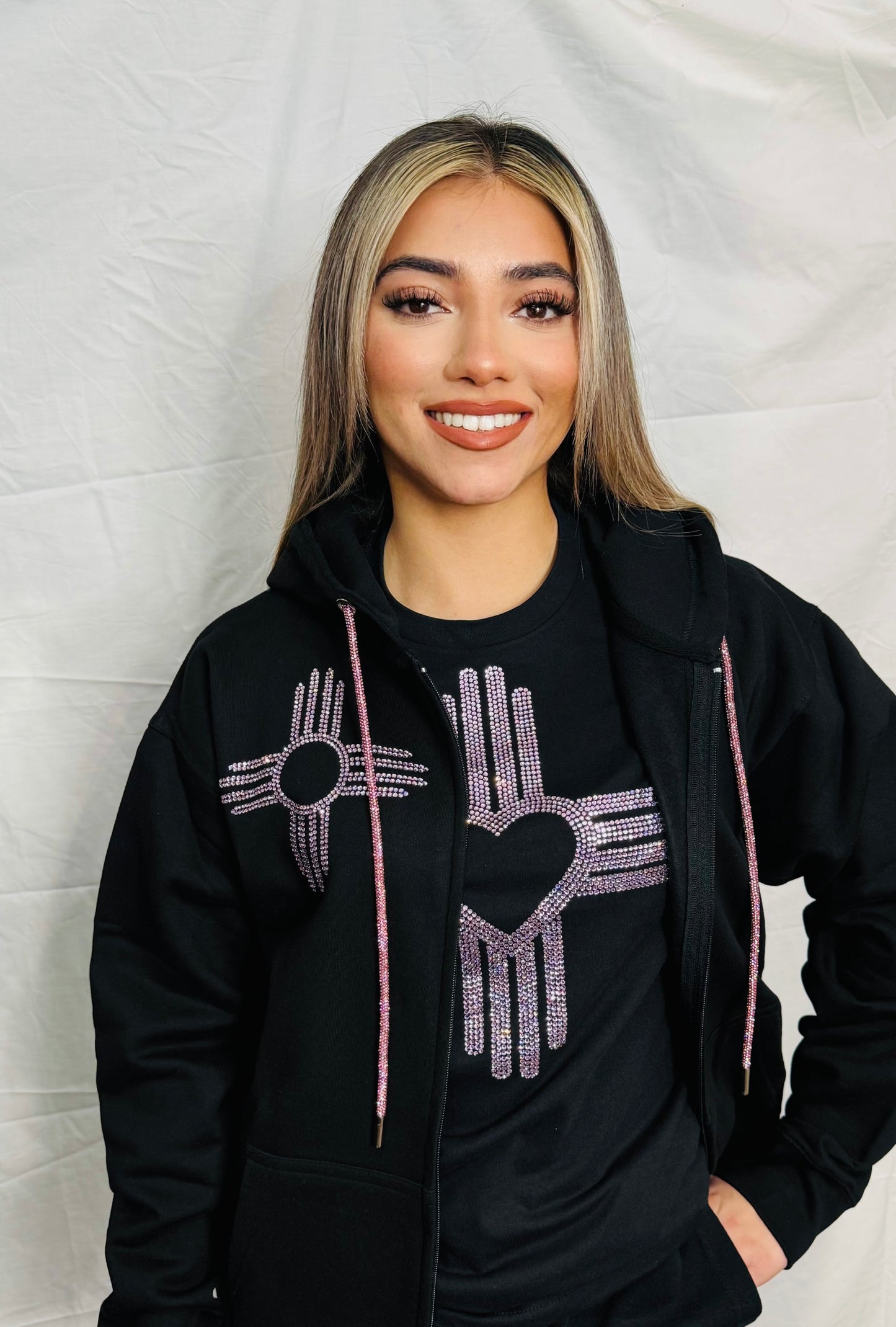 Pink Zia Rhinestone Zip Up Hoodie
