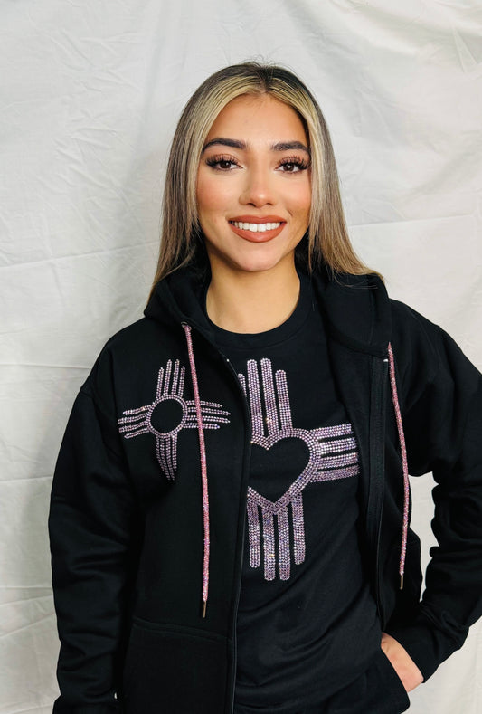 Pink Zia Rhinestone Zip Up Hoodie