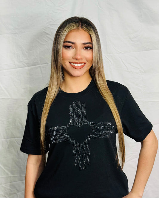 Black Zia Heart Rhinestone T-Shirt