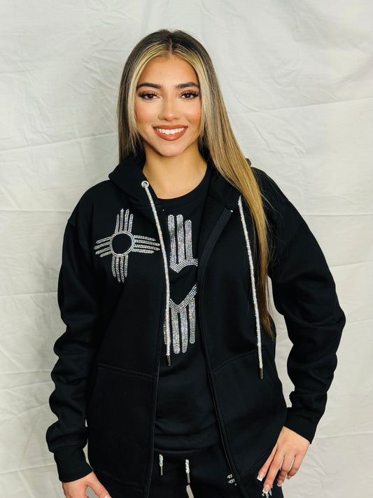 Silver Zia Rhinestone Zip Up Hoodie