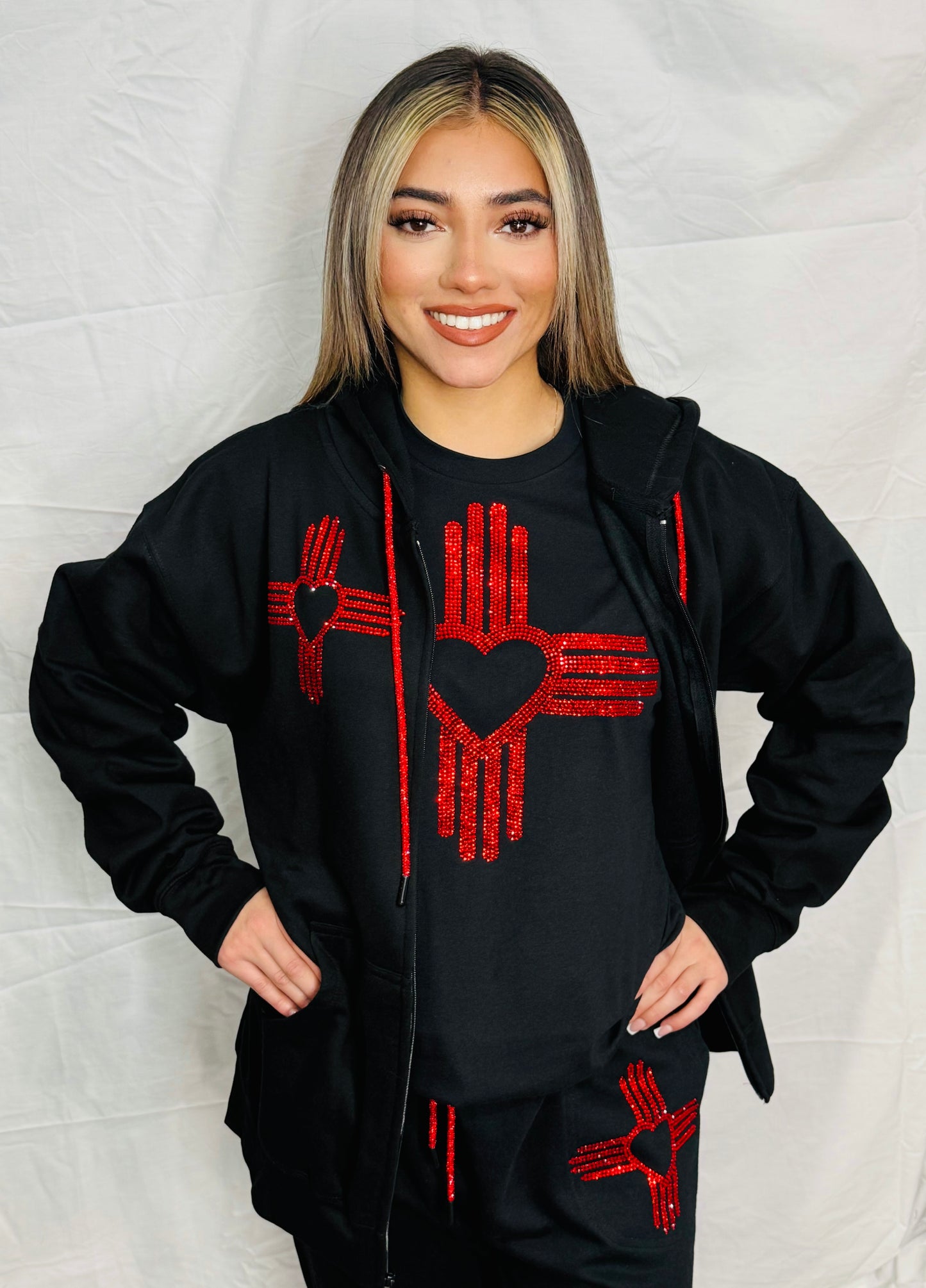 Red Zia Heart Rhinestone Zip Up Hoodie