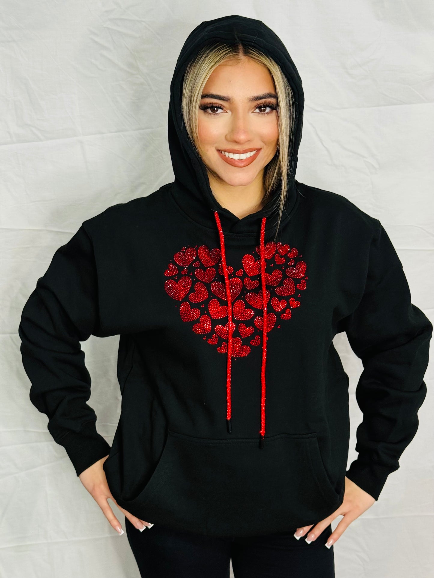 Red Mini Floating Hearts Rhinestone Hoodie