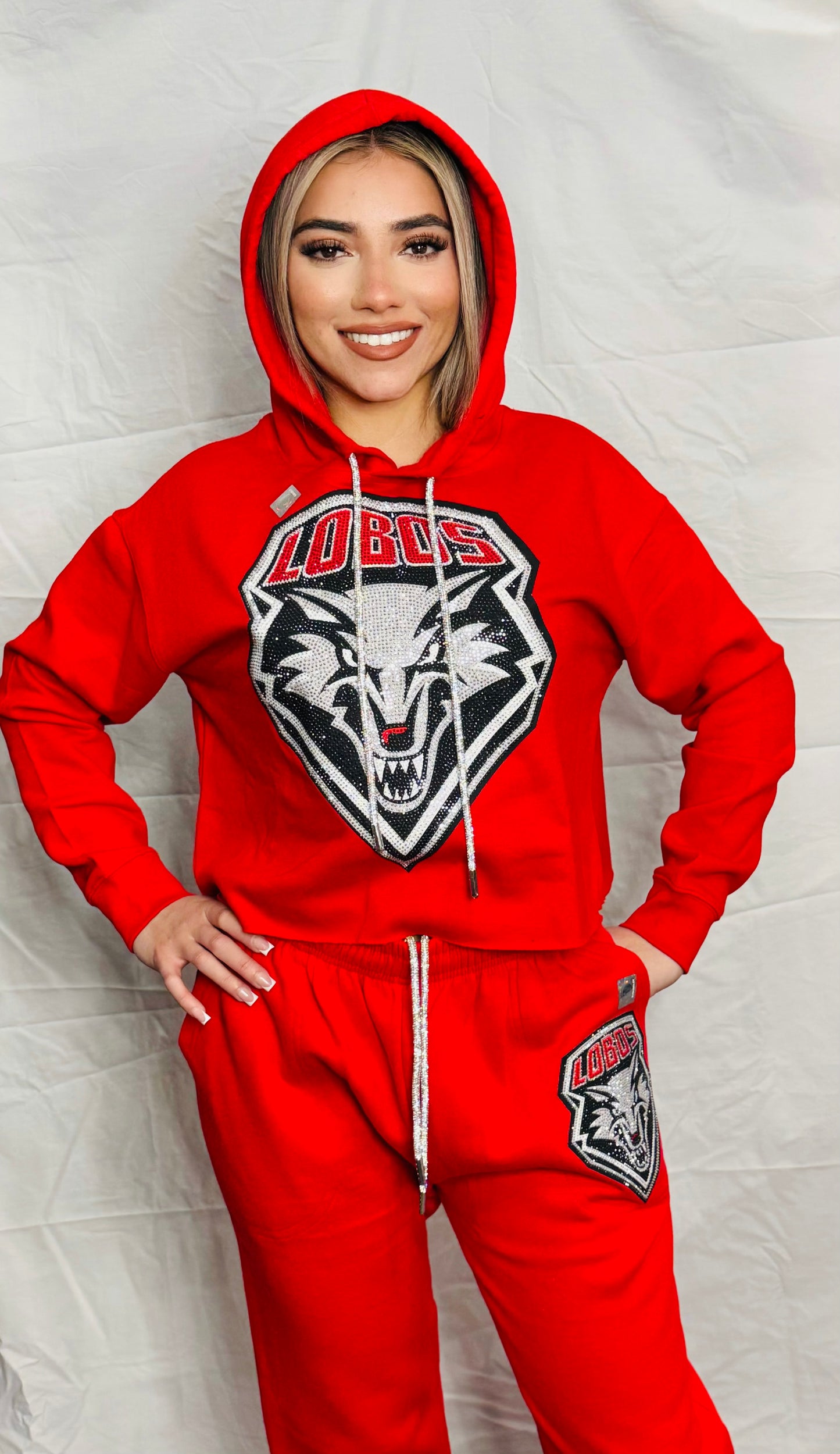 Red UNM Lobos Rhinestone Crop Top Hoodie