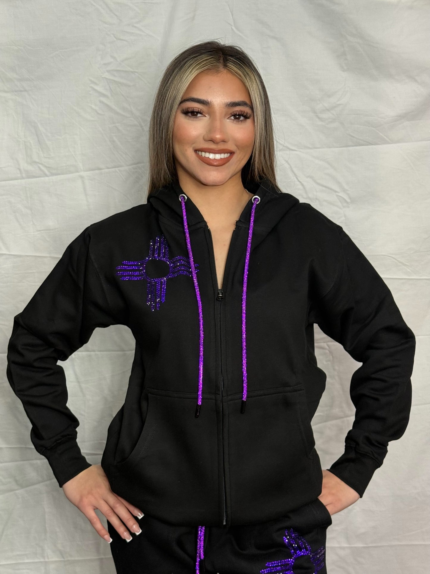 Purple Zia Rhinestone Zip Up Hoodie