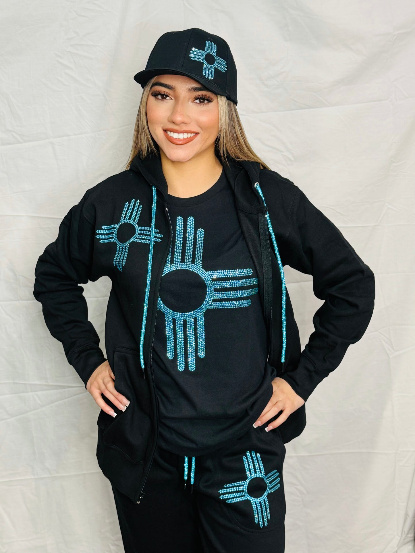 Turquoise Rhinestone Zia Zip Up Hoodie
