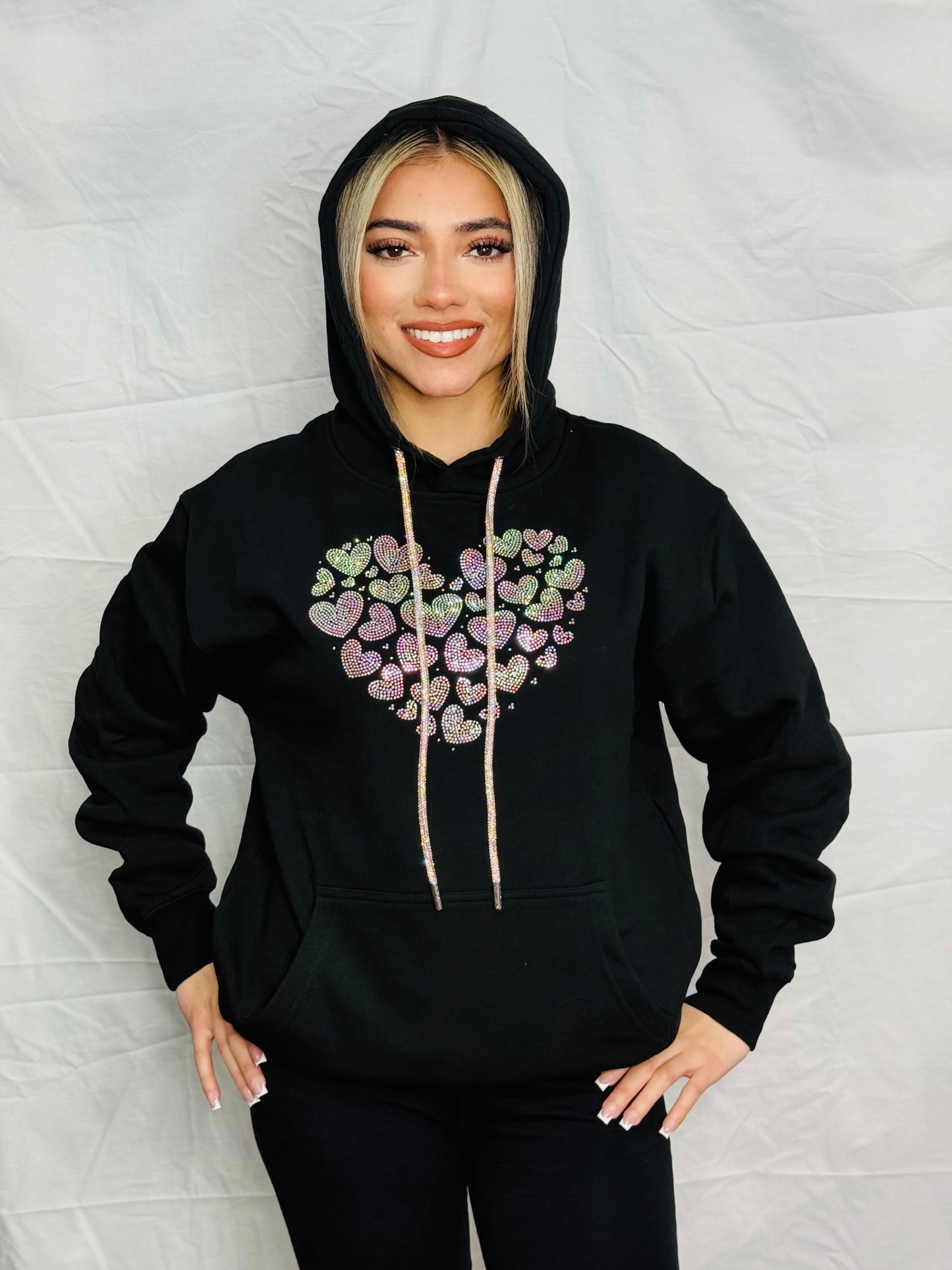 Iridescent Mini Floating Hearts Rhinestone Hoodie