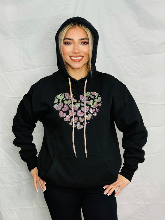Iridescent Mini Floating Hearts Rhinestone Hoodie