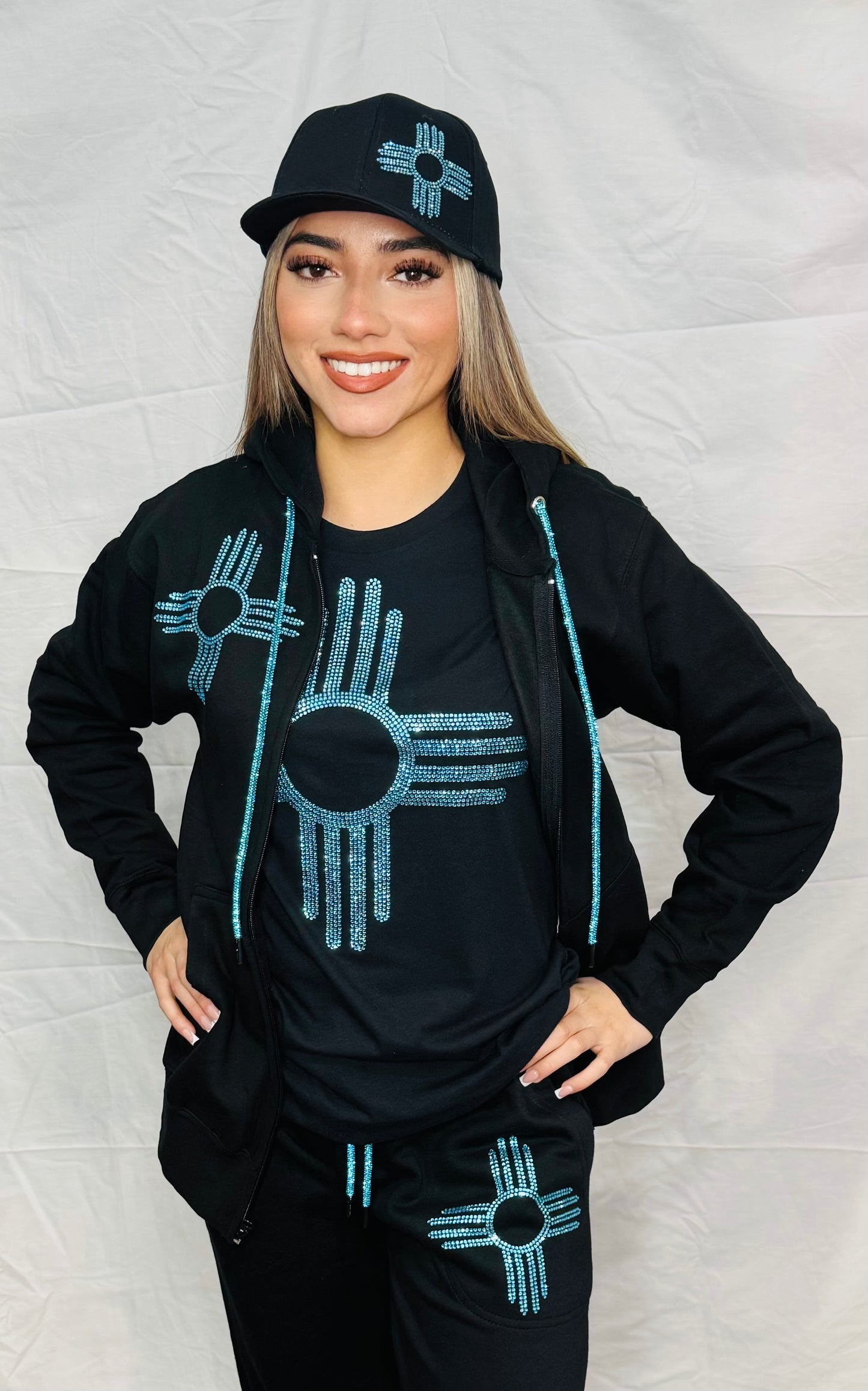Turquoise Rhinestone Zia Zip Up Hoodie