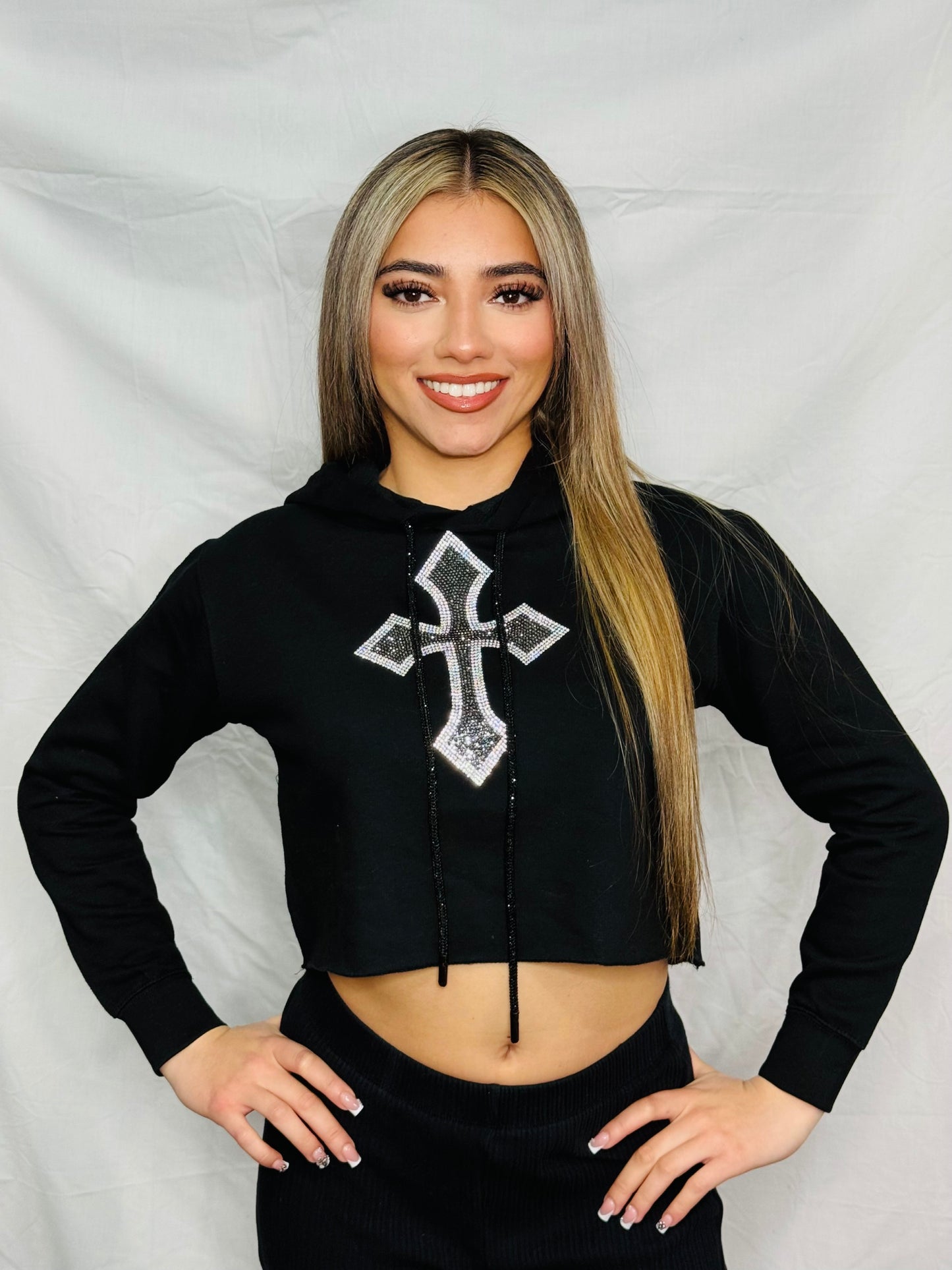 Cross Rhinestone Crop Hoodie