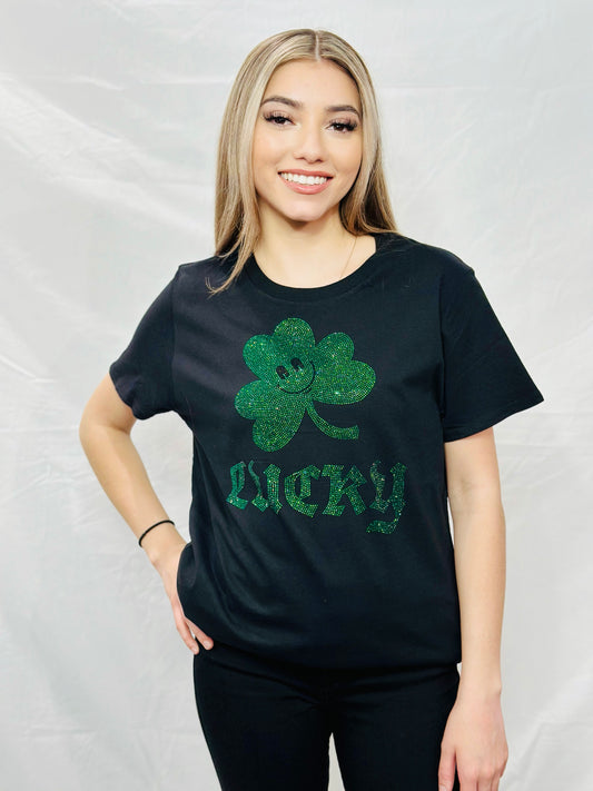 St. Patricks LUCKY Clover Rhinestone T-Shirt