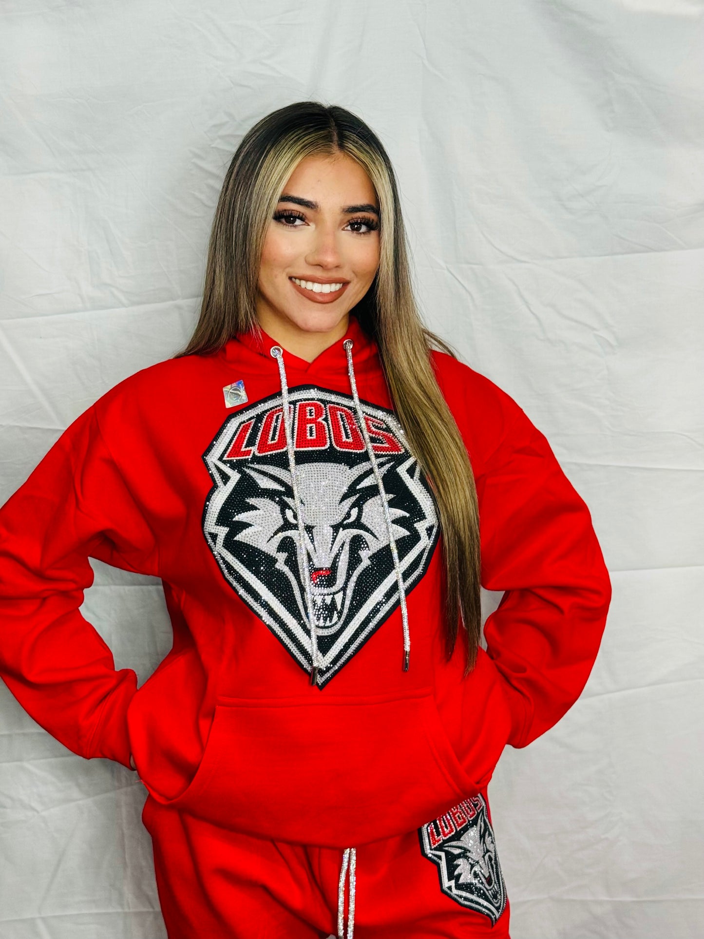 Red New Mexico UNM Lobos Rhinestone Hoodie