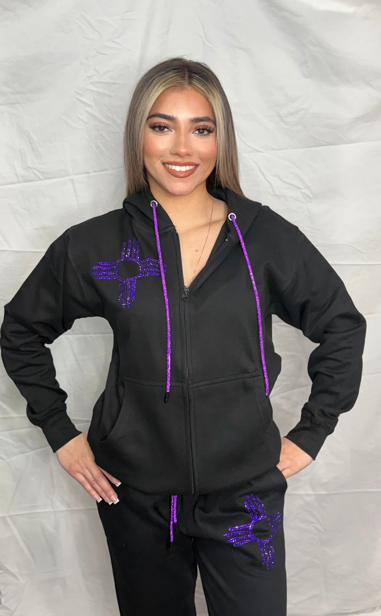Purple Zia Rhinestone Zip Up Hoodie