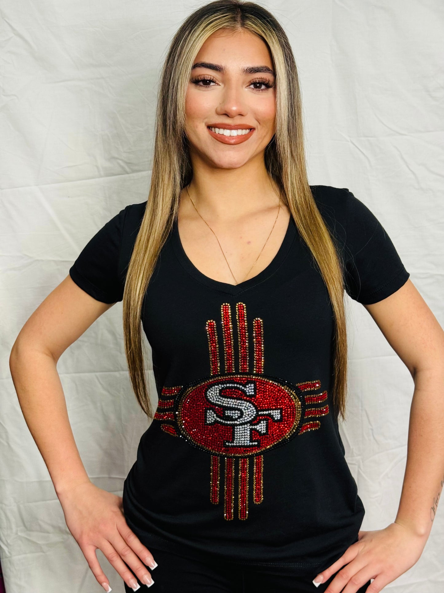 Zia Rhinestone 49ers  V-Neck T-Shirt