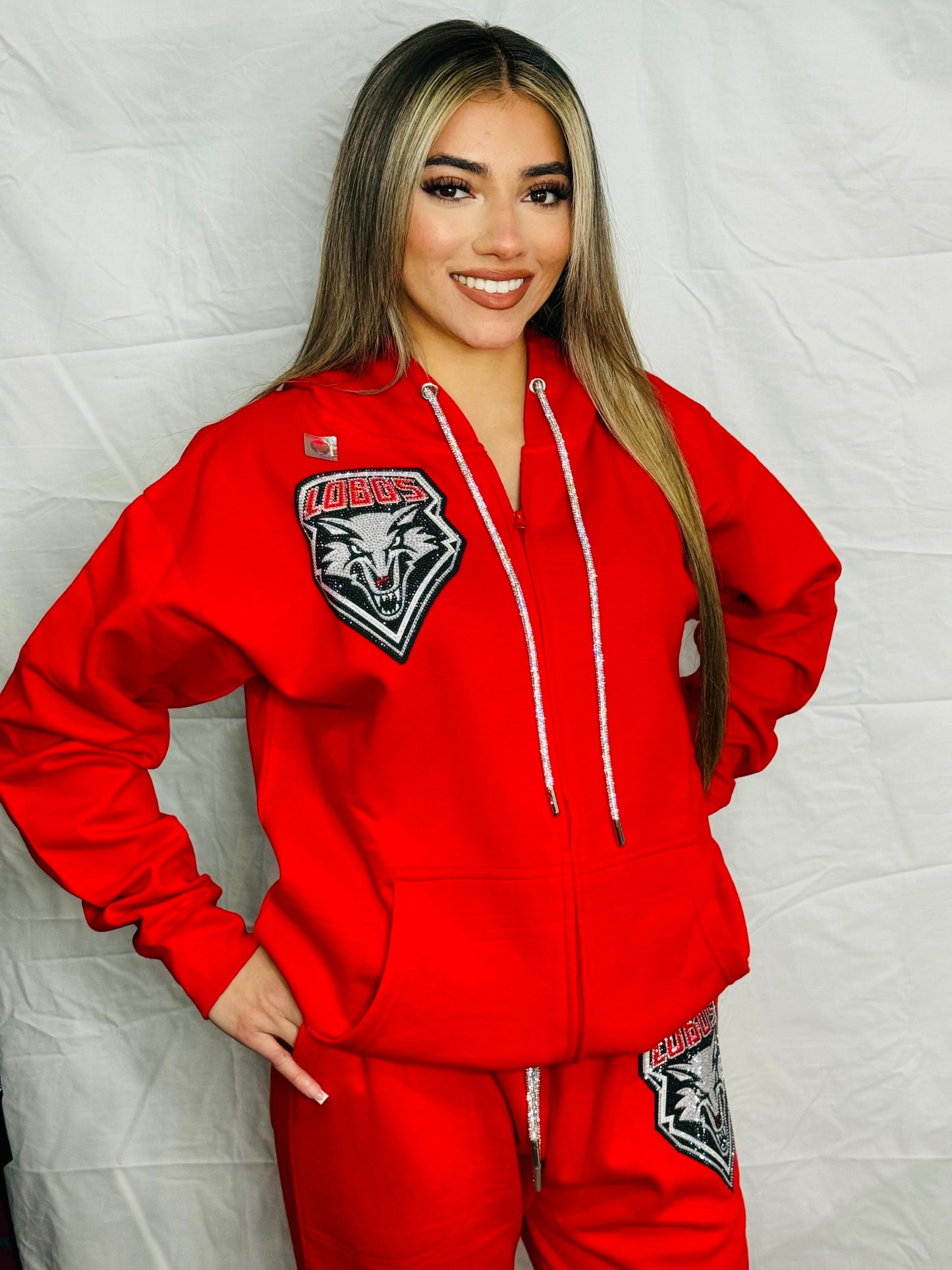 Red UNM Lobos Rhinestone Zip Up Hoodie